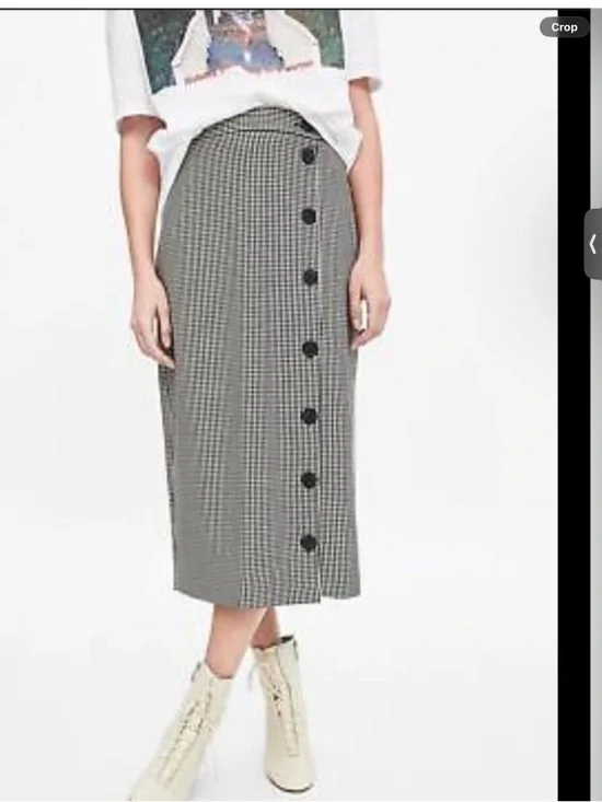 Zara Black and White Gingham Midi Skirt with Asymmetric Button Placket Euro XL - Picture 2 of 10